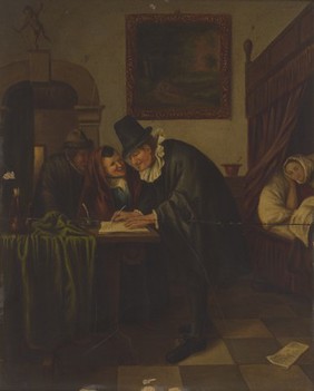 A physician writing a prescription for a sick young woman. Oil painting after Jan Steen.