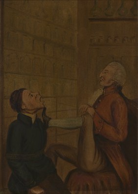 A surgeon-apothecary pulling out a man's tooth. Oil painting.