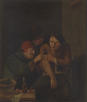 A surgeon attending to a man's arm. Oil painting after Adriaen Brouwer.