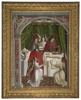 A verger's dream: Saints Cosmas and Damian performing a miraculous cure by transplantation of a leg. Oil painting attributed to the Master of Los Balbases, ca. 1495.