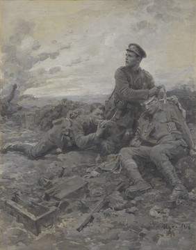 World War I: Private Fynn V.C., S.W. Borderers. Oil painting by Ugo Matania, 1916.