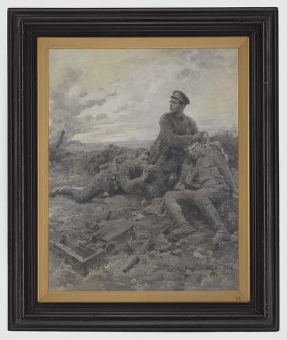 World War I: Private Fynn V.C., S.W. Borderers. Oil painting by Ugo Matania, 1916.