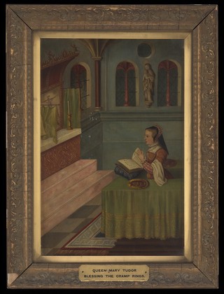 Queen Mary blessing cramp rings. Oil painting by H. Hayman, 1916.