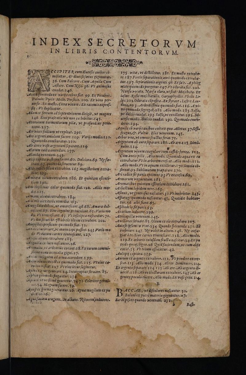 dh IN JG CCIPITER eumdiuerfis auibus c SG x. mifcetur , e diueifi fetus gignuntur. Rein CS 36. Cum Falcone . Cum -4quila.Cum AQ S 'enadat.2 46. LT 4d wateliusmodoex vartjs rebus fiat. 99. Ex Ficubus. | Palmis: Pyris: Melle. Perficis. Yoo. Ex vino per- uerfo «Ex mufto. Citra vinum . Ex raceinis expre[- trfig zt duplicetur. | damas ferrum ad Septentrionem dirigit , vt magnes 146. Eis prefeatia vis non co bibétur. 145. tient. 217. vIoLr vices follinm vt expleat. 291. des argenti amulum facere. og. Faris modis.t10. Quoinodo.comburatur.120.. ; db nto vafe argentum [eparare.x 14» edlarum tadia emendare, 177. diauda »enenum.a 45. vati) capita-waflrorafacere.6o. Dulciora.69. Ne fa- Léant.67. qu0modo feruentur.89. euudera flam extrabere. 163 magillerium extra- jx Dre 1935 2s ue Liam 9o. 1j win-tbyinus color quomodo fiat. 130. Aliis mo- ou ife T3. vA momi oleum extrabere. 194. e, n dy. Vt tenerefcant. 63. Vt infcriptena[cantur: 70. Vi din feraéthr.28.ab cis oleum extrabere. 102. vtiuyodaloperficum quomodo frat. s 2. vi ds Iatriare,vo atanu capi poffint.343.Pario mo do V^ earum carnes tenere[cant, 127. die sdejus oleum extrabere. 185. valimuille ex Ito nafcantur.26. | vtnihalta, vt ardentis coeant.2 8.Fx earum commi- Jone nota auziialia gigni.27. enm [egnem ad arma acceadere. Y 99. vaAnjey viulis ecoéfus qnomodo fiat. 2 2$. Fteius ca- ro ten^refeat.a 27. Vt eius iecur faginetur. vdpes ciboue generave.2 4. Incorgaptas feruave. 85. phis quomodo fingantur. 23 &* SUO UR vipinn vt ocffime generetur. gi t. Celeriter géinti- Het. S au. Magnum facere, $ g. P id t I3 vd pugex [puma sentrantur. 2 6. pue mupilum ex pu i Hrediue.2 6. | vi qua [aciem erucans, De albans. Nitoreimjnducens. 175. vite vt dislilletur, 181. Ev muflo extrabe- re. 187.Fortis feparationis auri quomodo extraba- Iur. 197. Sepavationis argenti. 98: Ex fale. 4 pbleg Nanfa vocata. Nanfa clara,vt fiat. Mo[chata. Ex iafme. Rofis mofcbatulis. Garyopby:llis. Violis.Li- .diís.202.0dovata cüpofita . Ex flyrace . Lafece.Lau- dano,10 3. rdentiffima quomodo fiat.Y16. .4 vi- 1o q30modo fegregat.282. Jdlio modo.2 85. Salfay ypt dülcis euadat. 29 2. Salfa,vt extilletur.29 2. Di- serfis modis. Dulcis euadat. 392. Quomodo émen- aeür$94 s d4quila cit varijs auibus coit:ex quo Jdlietus.37.0[fi« fragus, cr. Vultur. Eius venenum. 145. vArbor vna,vt omnes fru&dus ferat.71. argentum ab auro feparare.2 86. 4b ere. x 15. Dimi- miire.114. s vtirgentum viuum coagularecum caffide ferrea. t't1. Cum eneis pilis . J4lio modo. Quomodo aqua ex eo extrabatur.Ft in arborem crefcat. J4lio modo.t12. Alio modo. in aquam extilletur.170.0mnia Cü- *- fertat.9 2.Sublimatum preparare.170. vri radice fit panis. optimus.9 3 Vt excrefca 60, virmorum vogientum.Y61- s. tromatibus quintam effentiam éxtYabere.Y6 t. sbeslim lopidemuere.163. 0000 » Afinus ,vt generofus na[catur. 3 1.Pt inebrietur.343. tur.56. albi fiant.65. d bbodelo fitpanis.9 3. At otium iuductve.2 99. Itricapille venenum.2 45. a aellanas feruave.8 5. Oleum ex eis extrabere.104. duis fe ipfam to veat.2 3 4. Quando [bernenda 23 1. EA inebriare.2 43. Ne volet in altum.2 46. Ne aufu- giat d te, Eius carnes tenevefcant.2 18. /4liotaodo., 229.Ex arboris cuiu[dam fru&lu nafcitur.o 4.Ex pu trido quoqiltgno.26 Quid faciendumyvt cum alijs Co£at.3 5. P't tecum a[focietur. 42. Iuulopi capiia. 23 9. EA ar véitrum ex argento extrabere. 112. T pondere excre- fcat.113. 4£lio modo. 114. Aliter. Diminuere. 114. Ex argento feparare:Y14. V1 Ab are. Jb argento di- Berst.118. 04b eotinCluvam extrabeve. 343 Ab ar «x El py C CAE; vt difcolores nafcantur. $o. Balani ex putri materia gignüntur- aT. Bari pifces quando venenati. 33 y Bafi- -* r ER mem oc a Et p E. iia ice p A E IIR M SE IE HEU iati i