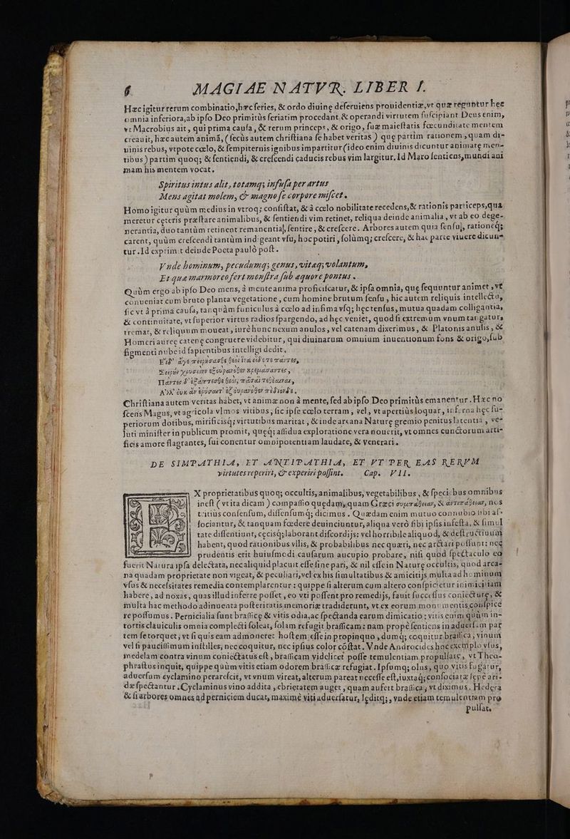 Hzcigiturrerum combinatio,hzc feries, &amp; ordo diuine deferuiens prouidentiz,vr quz reguntur bee omnia inferiora;ab ipfo Dco primitüs feriatim procedant. &amp; operandi virtutem fufcipiant Deus enim, vt Macrobius ait , qui prima caufa , &amp; rerum princeps, &amp; origo, fuz maieftatis foecunditate mentem creauit, hzcautem animá,( fecüs autem chriftiana fe babet veritas ) que partim rationem quam di- uinis rebus, vtpote ccelo, &amp; fempiternisignibusimpartitur (ideo enim diuinis dicuntur animare mene tibus ) partim quoq; &amp; fentiendi, &amp; crefcendi caducis rebus vim largitur, Id Maro [enticns,mundi ani mam his mentem vocat, Spiritus intus alit, totamqs infufa per artus Meus agitat molem, C xagno fe corpore mifcet Homoigitur quüm mediusin vtroq; confiftat, &amp; à ccelo nobilitate recedens, &amp; rationis particeps,qua meretur ceteris prztare animalibus, &amp; fentieridi vim retinet, reliqua deinde animalia Vt ab eo dege- ncrantia, duo tantüm retinent remanentia], fentire , &amp; crefcere. Arboresautem quia fenfuj, rationc; carent, quüm crefceadi tántüm indigeant vfu, hoc potiri , folàmq; creícere, &amp; hac parce viuere dicun? tur. Id exprim.t deinde Pocta pauló poft. Vude hominum, pecudumqs genus ,witaq volautum, Et qua marmoreo fert monffra fub aequore pontus . Quüm ergo ab ipfo Deo mens, à menteantma proficifcatur, &amp; ipfa omnia, que fequuntur animet ,vt conueniat cum bruto planta vegetatione , cum homine brutum fenfu , hic autem reliquis intelle&amp;o, fic vt à prima caufa, tanqeàm funiculus à ccelo ad infimavíq; hectenfus, mutua quadam colligaatia; &amp; continuitate, vt fuperior virtus radios fpargendo, ad hec veniet, quod fi extremum vnum targaturs rremar, &amp; rcliquum moueat , ture huncncexum anulos, vel catenam dixerimus, &amp; Platonisanulis , &amp; Homcriauree catene congruerevidebitur, qui dininarum omnium inuenuonum fons &amp; origo,fub figmenti nubeid fapientibus intelligi dedit, EA dyt mapisaste Deor ira eió'eqe TaTÉS, Sep xpuecit eFovpara De XE AYTES , Havree d é£dorveets figory ar Urat TeÓ buy e y AX Qux dv &amp;jlocuT. £C ducavcóer artduovée, Chriftianaautem veritas habet, vt animz non à mente, fed ab ipfo Dco primitus emanentur .Hizcno fcens Magus, vt agricola vImos vitibus , ic ipfe coelo terram , vel, vtapertiusloquar, infzroa hec fu- periorum dotibus, mirificisq; virtutibus maritat , &amp;indear«ana Nature gremio penitus latentia, ve* luti mínifterin publicum promit, queq; affidua exploratione vera nouctit, vt omncs cunctorum arti ficisamore flagtantes, fui conentur ompipotenttam laudare, &amp; venerari. DE SIMT.ATHI.A, ET .A'NTIT.ATHI.A, ET VT TER, E.4$ RERVM virtutes reperiri, c experiri po[fint. Gapi VA. —— X proptietatibus quoq; occultis, animalibus, vegetabilibus , &amp; fpecicbus omnibus : incft ( vt ita dicam )compaffio quedamy.quam Grzci euwr aar, X dyriralear, nos t:itiüs confenfum, diffenfumq; dicimus . Quedam enim mutuo connubio tibi af^ fociantur, &amp; tanquam fcedere deuinciuntur, aliqua vcró fibi ipfis infe(ta, &amp; fimul tate diffentiunt, cecisqslaborant difcordijs: velhorribilealiquod, &amp; defi ructiuum habent, quod rationibus vilis, &amp; probabilibus necquazri, nec ar&amp;ari poflunt: neg |. prudentis erit huiufmodi caufarum aucupio probare, nifi quod fpcétaculo ca fuerit Nacura ipfa dele&amp;ata, necaliquid placuit effe fine pari, &amp; nil effein Naturgoccultus, quod arca* naquadam proprietate non vigeat, &amp; peculiari,vel ex his fimultatibus &amp; amicitijs multa adhominum víus &amp; neceísitates remedia contemplarentur : quippe fi alterum cum altero confpicietur ibnimiciiam habere, ad noxas, quasillud inferre poffet , eo vti poffent pro remedijs, fauit fuccc (lus coniecturg, &amp; multa hac methodo adinueata poftericatis memoriz tradidetunt, vt ex eorum monv mentis conpfpice repoffumus. Pernicialia funt bratiice &amp; vitis odia,ac fpe&amp;anda earum dimicatio ; vitis enm quüm in- tortis clauiculis omnia complecti foleat, folam refugit brafficam: nam propéfenticns inaduerf.m pat tem fe torquet; vt fi quis eam admonere: hoftem effein propinquo , dumq; coquitur braffica , vinum velfi paucitfimum ioitilles; nec coquitur, nec ipfius color cóftat. Vnde Androcidcshoc excimplo vfus, medelam contra vinum conicctatus eft , braticam vidclicet poffe temulentiam propullare, vt Theo- phrattusinquit, quippequiüm vitisetiam odorem brafice refugiat. Ipfumq; olus, quo vitisfuga'ur, aduerfum cyclamino petarcícit, vt vnum vireat, alterum pareat neceffe eft,iuxtag; confociatz lepéari- dx fpe&amp;antur Cyclaminus vino addita » ebrietatem auger,quam aufert bratica , vt dixim us. Hedera &amp; fiarbores omnes ad perniciem ducat, maximé viti aduerfacur, Icditq; , vade etiam temulenuam pro | pulfat, —