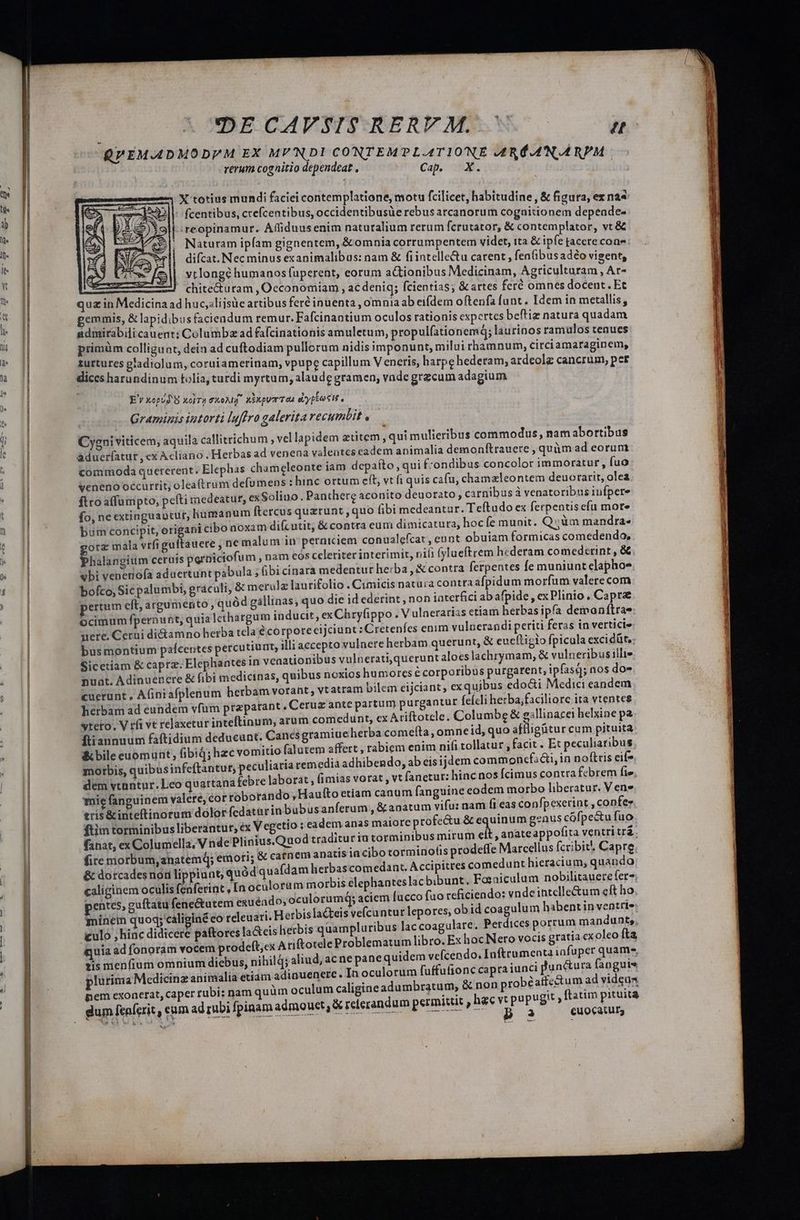 OE CAPFENSZIRERVANMN eu QPEMADMODEM EX MVNDI CONTEMPLATIONE ARÉANARPM rerum cognitio dependeat Cap X. | X totius mundi faciei contemplatione, motu fcilicet, habitudine, &amp; figura, ex nas - fcentibus, crefcentibus, occidentibusüe rebus arcanorum coguitionem depenade- .reopinamur. Affiduusenim naturalium rerum fcrutator, &amp; contemplator, vt &amp; Naturam ipíam gignentem, &amp; omnia corrumpentem videt, ita &amp; ipfe tacere cone difcat. Nec minus exanimalibus: nam &amp; fiintelle&amp;u carent , fen(i:busadéo visent, vtlongé humanos fuperent, eorum a&amp;tionibus Medicinam, Agriculturam , Ar- chitecturam , Occonomiam , ac denig; fcientias; &amp; artes feré omnes docent. Et quz in Medicina ad huc,slijsüe artibus feré inuenta , omnia ab eifdem oftenfa funt. Idem in metallis, gemmis, &amp; lapidibus faciendum remur. Fafcinantium oculos rationis expertes beftiz natura quadam admirabili cauent: Columbzad fafcinationis amuletum, propulfationemq; laurinos ramülos tenues primüm colligunt, dein ad cuftodiam pullorum nidis imponunt, milui rhamnum, circiamaraginem, zurtures ptadiolum, corui amerinam, vpupe capillum V eneris, harpe hederam; ardeolz cancrum, per diccs harundinum toliía, tutdi myrtum, alaude gramen, vnde grzcum adagium E'v Xopud 8 xojra vxoNuf x5xpy Toa dirypéecit , Graminis intorti luffra galerita recumbit « Cygni viticem, aquila callitrichum , vel lapidem ztitem, qui mulieribus commodus, nam abortibus aduerfatur , ex Acliano . Herbas ad venena valentes cadem apimalia demonftrauere , qum ad eorum commoda quererent. Elephas chameleonte iam depaíto qui f-ondibus concolor immoratur , fuo veneno occurrit; oleaftrum defümens : hinc ortum eft, vt fi quis cafu, chamzleontem deuorarit, olea ftro affumpto, pefti medeatur, ex Soliuo. Panthere aconito deuorato, carnibus à venatoribus infpere fo, ne extinguautur, humanum ftercus quzrunt , quo fibi medeantur. Teftudo ex ferpentis efu mote bum concipit, erigani cibo aoxam difcutit, &amp; contra eum dimicatura, hoc fe munit. Qum mandra« otz mala vrfiguftauere , ne malum in perniciem conualefcat , eunt obuiam formicas comedendo, halangium ceruís perniciofum , nam eos celeriter interimit, nili fylueftrem hederam comederint , &amp; vbi veneriofa aduertunt pabula ; (i bicinara medentur herba , X contra ferpentes fe muniunt elaphos bofco, Sic palumbi, gráculi, &amp; merulz laurifolio . Cimicis natu: acontraafpidum morfum valerecom ertum eft, argumento , quód gallinas; quo die id ederint , non iaterfici ab afpide , ex Plinio , Capra ocimum fpernunt, quia lethargum inducit, ex Chryfippo . V ulaerarias etiam herbas ipfa demonftras: uere. Cerui ditamno herba tela écorporecijciunt:Cretenfes enim vulnerandi periti feras in verticis busmontium pafcentes percutiurt, illi accepto vulnere herbam querunt, &amp; eueftiglo fpicula excidüt,. Sicetiam &amp; capra. Elephantes in venationibus vulnerati,querunt aloes lachrymam, &amp; vulneribus illie nuat. Adinuenere &amp; fibi medicinas, quibus noxios humores € corporibus purgarent, ipfas; nos dos cuerunt, Afiniafplenum herbam vorant, vt atram bilem eijciant, exqujbus edo&amp;i Medici eandem herbam ad eundem vfüm prapatant . Ceruz ante partum purgantur feícli herba,faciliore ira vtentes vteto. V rfi vt relaxetur inteflinum, arum comedunt, ex Ariftotcle. Columbe &amp; gallinacei helxine pa ftiannuum faftidium deducunt. Canes gramiueherba comeíta, omne id, quo affligütur cum pituita &amp; bile euomunt;, fibiq; hzc vomitio falutem affert , rabiem enim nifi tollatur , facit . E: peculiaribus morbis, quibusinfeftantut, peculiaria remedia ad hibendo, ab cisijdem commoncfadi, in noftris eif- dem vtuntur. Lco quartana febre laborat , fimias vorat , vt fanetur; hinc nos cimus contra febrem fie, mie fanguinem valere, corroborando , Hau (to etiam canum fanguine eodem morbo liberatur. Vene tris &amp;inteftinorum dolor fedatürinbubusanferum , &amp;anatum vifu: nam fi eas confpexerint ,confe- ftim torminibus liberantur, éx V egetio : eadem anas maiore p rofe&amp;u &amp; equinum genus cófpe&amp;ufuo fanat, ex Columella, V nde Plinius.Quod traditur ia torminibus mirum eit , anateappofita yentritrà ori; &amp; catnem natis ia cibo torminotis prodeffe Marcellus fcribit Capre. uód quafdam herbascomedant. Accipttres comedunt hieracium; quando caliginem oculis fenferint , [n oculorum morbis elephanteslac bibunt. Fa aiculum nobilisauere (era pentes, guftatu fene&amp;utem enuéado,oculorumq; aciem [ucco fao reficiendo: vnde intelle&amp;um cft ho minem quoq;'caliginé co releuari. Herbislacteis vefcuntur lepores, obid coagulum habentin egerit culo , hinc didicere paftores la&amp;cis herbis quampluribus lac coagulare. Perdices porrum man vete quia ad fonoram vocem prodeft,ex Atiftotele Problematum libro. Ex hoc Nero vocis gana cx oleo ita tis menfium omnium diebus, nihild; aliud, ac ne panequidem vefcendo, Inftrumenta iuge quA plurima Medicing animalia etiám adinuenere. In oculorum [uffufionc capra iunci Punt VS UEHEN pem exonerat, caper rubi: nam quüm oculum caligine adumbratum, &amp; non probé atfey mar viden dum feníerit , eum ad rubi fpinam admouet, &amp; referandum permittit hec 5 33 ugit xe s n a TUE OT LLA VU vuerocha pee cepe  fite morbum, anatemd; em &amp; dorcadesnoulippiunt, q