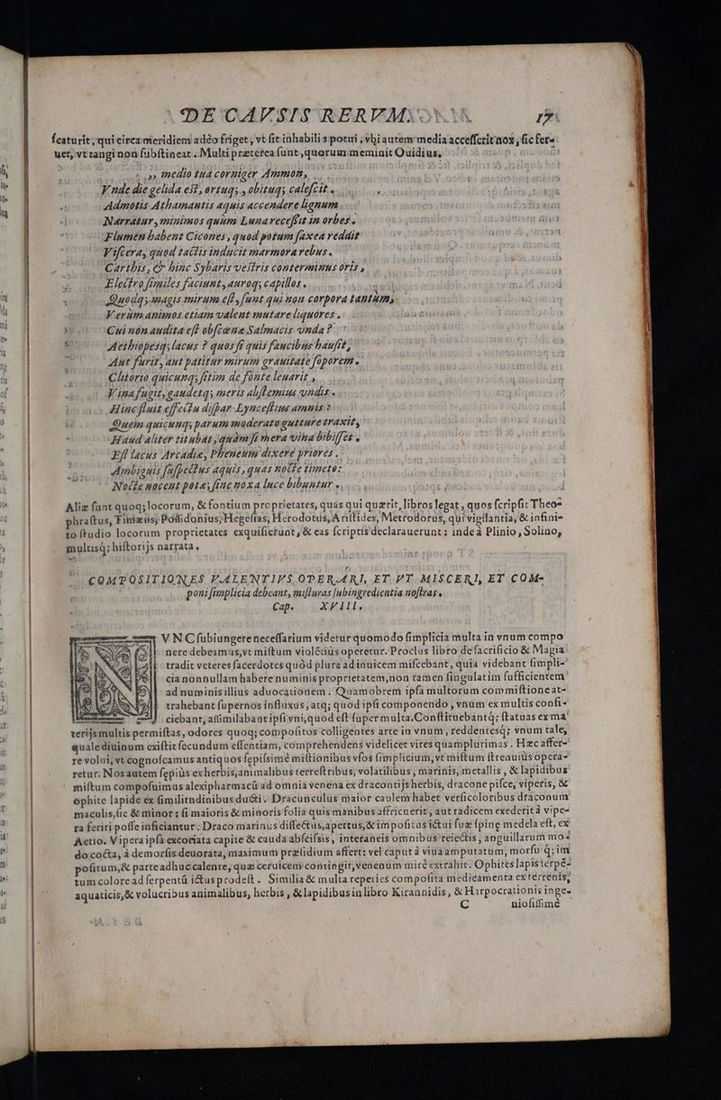 DECAEVSIS RERVMiot A p | a» IICAI0 EA cOrDÜger Ammon, —.. V ude die gelida eit, ortuqs , obitus calefcit . Admotis Athamantis aquis accendere lignum Narratur minimos quum Luna veceffit in orbes . Flumen babent Cicones , quod potum faxea veddie Vifceray quad tactis inducit marmorarebus. Cartbis, € hinc Sybaris vestris conterminus oris , Electro femiles faciunt, auroqs capillos . udis Quodqs. magis mirum elt, funt quinon corpora IAM, Verum animos etiam valent mutare liquores . Cui nón audita eft obfcame Salmacis unda ?. Aetbiopesqi lacus ? quos fi quis faucibus haufft, ut furit, aut patitur mirum grauitate foporem . | Chitorio quicunqs frtim de fonte leuarit y... V inafugit,gaudetqy meris abflemius undis. Hinc fluit effeclu difpar Lynceflius amnis *. Quem quicuuqy parum moderato gutture traxit, H aud aliter tit ubat quam fi hera vina bibifes , EJl lacus Avcadue, Pheneum dixere priores. Ambianis fafpetius aquis, quas nocfe timete: | Nodie nocent potes (fne uoxa Ince bibuntur ». Aliz funt quoq; locorum, & fontium pre prietates, quas qui querit, libros legat ; quos (cripfit Theo2 hra(tus, Finizus; Posidonius; Hegeftas, Herodotus, A ritides, Metrodorus, qui vigilantia; & infini- to fudio locorum proprietates exquifietunt, & eas fcriptis declarauerunt; indeà Plinio , Solino, multisQ; hiftorijs narrata, COMPOSITIONES F.A4LENTIFS OPERARI, ET PT MISCERI, ET COM- poni fimplicia debeant, mifluras [ubingredientia noftras, Cap. | XF AIL, V N C fubiungereneceffarium videtur quomodo fimplicia multa in vnum compo nere debeamus,vt miltum violétiüs operetur. Proclus libro de factificio & Magia tradit veteres facerdotes quód plura ad inuicem mifcebant, quia videbant fimpli- cia nonnullam habere numinis proprietatem,non tamen fingulatim fufficientem ad numinisillius aduocauionem . Quamobrem ipfa multorum commiftioneat- trahebant fupernos influxus, atq; quod ipfi componendo , vnum ex multis confi- —! ciebant, afimilabant ipfi vni, quod eft füper multa.Conftituebantà; ftatuas ex ma! terijs multis permiftas, odores quoq; compofitos colligentes arte in vnum, reddentesQ; vnum tale, qualediuinum cxiftit fecundum effentiam, comprehendens videlicet vites quamplutimas . Hzc affer- re volui, vt cognofcamus antiquos fepifsime miltionibus vfos fimplicium, vt miftum (treauiüs opera- retur. Nosautem fepids ex herbis,animalibus terreftribus, volatilibus , marinis, metallis , & lapidibus: miftum compofuimus alexipharmacü ad omnia venena ex dracontijs herbis, dracone pifce, viperis, & ophite lapide ex fimilitndinibusduóci. Dracupnculus maior caulera habet verficoloribus drácoaum. maculis,(ic & minor ; fi maioris & minoris folia quis manibus affricuerit, aut radicem exederità vipe- ra feriti poffeinficiantur. Draco marinus diffe£tus,apertus,& impoficas i&ui fuz (pine medela ett, ex Actio. Viperaipfa excoríata capite & cauda abfeifsis, intetaneis omnibus reiects, anguillarum mo^ doco&a, à demor(is deuorata, maximum przlidium affert: vel caputà viuaamputatüm, morfu Q; im pofitum,& parteadhuccalenre; qua ceruice contingit, venenum mir excrahic. Ophites lapisterpe- tum coloread ferpentü ictus prodelt. Similia & multa reperic$ compofita medicamenta ex tecrenis, aquaticis,& volucribus animalibus, herbis , &lapidibusinlibro Kirannidis, & Harpocratio Riu niofiffimé