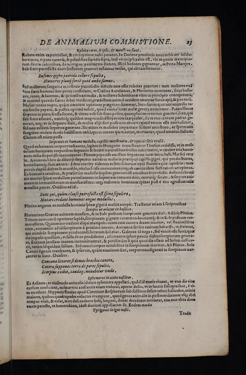 Rubete cano, fe ipfis, cir menfiruo fiunt Rubeta enim expatredine, & corruptione nafci putatur, [n Dariene prouincia noui orbis aer infalus berrimus, vipote ccenofa, & paludibus fceridis fepta, imÓ vicusipfepalus eft, vbi exguttis mancipios rum dextra cadentibus, dumirrigan: pauimenta domus, illicó bufones gignuntur , exPetro Martyre, Sub fimo pucrefa&a anatebufonem generari teflantur verfus, qui circumferuntur. Bufanes giano putrida tellure fegulta , Humeres pluug fort? quod ambo fumus « Sed mulierum fanguine menftruo putrefa&o difficile non effet rubetas generare : nam mulietesvad Cum foetu humano hoc pecus conficiunt, vt Coclius Aurelianus, & Platearius nominant , ficucbufo« ncs, ranas, & lacertos, & ijs (imiliaanimalia , & mulieres Salernitanz olim in principio conceptionis, & maximé quando foetus debet viuificariprzdi&um animal occidere nitunturfucco apij;& porrorü. Mulier recens nupta, quüm omnium opinione przgnans diceretur, loco foetus quatuoranimalia ra- nis (imilia peperit, & poftea optime valuit , quod animalinter molz genera numeratur, Paracclíus ex ferpentein plura frufta fecato, & vitreo vafe fub fimo pofito, quamplurimos vermes generari dixitqui füb fimo educati , nutritid; quilibet magnitudin&ferpentem exzquabit , ficex vno centum poflint ge- netari, atq; vt de ferpente dixit, de multis alijs fieri poffenon abnuit: quod verum effe noninficior; fednon eafdem ferpertesgenerant Sic etiam ex muliebri impuritate fcilicet menftruo , dc fpermatis fanguine: eodem modo bafilifcum nafci, quem omnes qui viderint, moriantur, quod omnino falfumy Clarum eft etiam poffe | Serpentes ex bumana medulla, capillis menflrnata , & equinis fetis enafci . Quod exhumano corpore nafcantur, legitur in Hungaria. iuxta fluuium Theifamaccidiffe, vtin mule sorum hominum corporibus ferpenzes & lacerti naturalibus fimiles nafcerentur, vt circiter triahomie num milia fic perijffe memorentur Plinius pepériffeancillam ferpentem iater initia belli Marfici retu lit. Auicenna libro de diluutjs ferpeates narrat ex mulieris precipue capillisgigei, qui produ&iores, humidioresq; func natura. [dem euenire videmus ex fetis iubarum equi fluentiaquz expofitis : nam paucis clapfis diebus [e moué&do, vitales fiiffe coaiecimus:atq; ab amicis idem fa&itatum accepimus. Ex humanis carnibus , & praefertim medulla ferpétes generari eft omnibus inconfefo. Aclianus homi nis mortui fpinz medullam putreícentem in fcrpentem conuerti dixit, exoririq; feram , &ferpercanie mantem immániffimum ex manfuctiffimo ; atq; malorum hominum fpinas poft é vita egreílum talia monítra parere, Ouidius ad id , Sunt qui, quim claufo putref atta eft fpina fepulere , Mutari cxedant bumanas angue medullas , | Plinius anguem ex medulla hominis fpinz gignià multis accepit. Tra&atur etiam à fcriptoribus Scorpio pt oriatur ex bafilico. Florentinus Grzcus ocimum manfum , & in Sole pofitum fcorpiones gencrare dixit, A dicit Plinius, Tritum ocimum fi operiatur lapide,fcorpicnem gignere : commanducatumq; & in Sole pofitum ver» mesafferre. Quinimmo tradunt aliqui manipulo ocimicum cancris decem marinis, vel fluuiatilibus trito , conuenirc ad id fcorpiones à proximo omnes, Auicenna fcribit amicum habuiffe, vt diximus, qui mirabile fcorpionem producendi fecretum habebat. Galenus id nega t, fed vitiofi effe fucci que zesimpulit quofdam, vt falfa de co prodiderint , afirmantes ipfum paucis diebusfcorpionem genera- ze, fi tritum jnollam inanem intromitteretur, & potifimüm íi quis quotidieollam ad Solem calfece- rit, vcrüm id quidem falíum . Sed cancri corpus mirabiliter in fcorpionem mutatur, Ait Plioius.Sole Cancri (ignum tranfeunte, & ipforum, quàm exanimati fint, corpustransfigurari in Ícorpiones nate gantur in ficco . Ouidius, Concata littoreo fe demas brachia canera, Cetera fupponas terra de perte fepulta, ócerpius exibit, caudaq, minabitur vnda . Epbemerus in aceto nafcitu . Ex Acliano; 2c eiufmodo animalia idcirco ephemera appellari , quód id ztatis viuant, vt vno die vite cur(um conficiant, ex fzcevini acefcentis vitam trahunt, aperto dolio, vt in lucem füfcepta funt, € vi- ta excedunt. Hippanis fluuius apud Cimerium Bofphorum fub folftitio defert veluti folliculos, acinis maiores, quibus quadrupedes volucres crumpunt , quod genusanimalisin poftmeridianum víq; diei tempus viuit, & volat, mox defcendente Sole, languet, donec decedente motiatur, vjta non vltra diem snum pera&a, vt hemerobion, ideft diarium appellatum fit. Eodem modo Tyrigonas inigne nafci , t Tradit