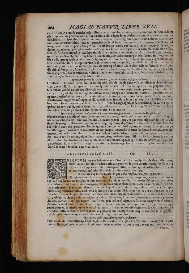 claré. Sic &amp; ia diuerfis euenietlocis Hinc euenit, quod fi vno minusfuerit commodum fpeculo,idem pluribus fpe&amp;are poteris vel fi diftantia nimia vifilc dcperdatur, vel parietibus , &amp; moutibus interier éis dirimatur. Speculum fuper accommodabis , ex alterius regione fuper lineam rectam , qua: angue jum diuidat re&amp;um, fin aliter,neutiquam id eueniet,&amp; locum confpicies optatum,vnum euim in aliud imaginem remittens, per decem , &amp; multis elifa imago , oculo euolat, cad; cernes, quz primüm offen, derint , dum imago per re&amp;as profertur lineas, nec locorum , vel patietum.-anfra&amp;u cohibetur vifile, facilisQ; fuerit conftru&amp;io . Sic(zpe fimulachra transferre confueuimus. At fi aliter faftigiofum aliz quod, velete&amp;um fpe&amp;tare que fieris, qued neutiquam vifus cernere poterit : fecundum longitudine bina adiunges fpecula ,vt diximus, &amp; l1gno, vel parietis culmine firmeturalterum , vt promineat X rem habeat obie&amp;am , reliquam veró funi , vt apté dimoueri poft, quando libuerit, &amp; cü primo aunc obtufum ; nuncacutum caufetangulum , vti ufus expoftularit , dum vifz reilinea, fecundi ípecult mes dio vifui refrangatur ; &amp; incidentiz , &amp; reflexionis pares fintanguli , &amp; fi alta videre quzris;crige; fiin fima, deprime, donecrefringatur vifuis tum demum fpeQabitur. Si manibusalterum habebis, ias fpe&amp;o illo,faciliis eueniet. Traditur etiam ! Speculum quomodo conf[lituatur , vt nil imaginet nifi qua volueris . o, Conftituitur fic quoq; fpeculum , vt eo infpe&amp;o , aliquis imagine non vifa fua, slienam videat tei fpe- ciem , nec vndiq; circumfpe&amp;tam. Planum fpeculumin pariete firmabis fuper planum perpendiculari- terere&amp;um, &amp; fub noram anguli portionem capite inclinctur;e regionevniusparictem Ícindas fub cer tam pi&amp;urz , vel idoli alicuius quantitatem , eamq; eiapponas fecundum portionis quantitatem ,ac óperías, vt fpectancem lateat, &amp; res mirabilior videbitur, necad illud accederepoiit : peculum con- ftituto loco imaginem rcfringet vt vifu &amp; vifibiliper fpeculum ictus fiat reciprocus,&amp; ibilocetur ocu lus , quem locum reperies, vt fuperius docui. incedens ergo fpe&amp;tator, necíuiimaginem , nec quic- quàm cernet vnquàm, quüm ei óppeottur seo ad ftatuin peruenerit locum , pi&amp;urz vel altetiüs rei fi» mulachrum cernet , quod nec alibi Ípe&amp;arevalet.$cies tandem Speculum quomodo conflituatur e planis , quo imaginem in aere volitantem a[picias . Nec etit minoris conftru&amp;ionis , &amp; voluptatis fpeculum ; quod homines volitantes oftendat. Si quis idaffequi vclit, facilis fic fiet conftructio, Bina iungantur ligna , vt gnomonisfiguram imitentur , &amp; fixa vndequaq; conftituant angulum , vt orthogonij trianguli , &amp;ifoíchelis figuram habeant, firmen- turindeia vnoquoq; pedefpeculum magnum vnum, equé fibié regioneaduerfans, &amp; equé abangu lo diftans,profternatur corum alterum , jiaceatq:, quorum medio locctur fpe&amp;ator é terra elenatus ali- quantulum , vt facilis calcanei formam accedendo ; &amp; recedendo cernat, illicó enim cernes , fi in rez é&amp;a linea te conftitues angulum illum fecante; itd; horizonti zquidiftans . Sicimaginans fpeculuim illud in aliud tranfuerberat, quod fpe&amp;atintuitor , manus et pedes agitet,&amp; taceat, vt volantes plumis gera folent : fic videbit fuam imaginem inaltero volitantem,vt femper moucatur, dummodo 6 refle- xionis loco non faceffat , nam vtcarctur. DE $PECFLO THE. ATR.ALI, Cap. lll. SEOPECVLVM autem éplanis compactum, cui fi vnum fpe&amp;abile demonftrabitur, 9e pluraillius rei fimulachra demonftrabit prudens inuenit vetufta:vt ex quibufdam Pto | lemzi fcriptis, que circunferuntur, percipitur, demum quod noftraadinuenit tas adiungemus,longé mirabilius &amp; iucundius, Antiquum ergo MEN P ] Speculum componere 6 planis , in quo vuius vei plures imagines appareant : Lodel Hicerit dius d icis tab din Sp tale neg  queris, MAU LL tür, &amp; hüncfecundum imaginum numeram zqué diuidas pua&amp;is, ijs chordas fubrendas, &amp; ab(ides abfcindanutr:inde fimilis latitudinis paralelogramma erigas plana fpecula, &amp; altitudinis ciuidem 6icm; ter glutinentur, &amp;accommodentur , neconuclli poffint fecundumlongitudinem adiuncta , &amp; fuper planam faperficiem eredta . Pofl remo fpectantis oculus circuli locetur centro , vt uniformem. ad om ríia vifum habeat; fingulis fingulas fpeGabis facies; &amp;in circulum difpofitas , vtiiu chorcis fepe vifi- tur, vel theatro, ideoab eis theatricum , vel theatrale dicitur, € centro enim procidentes linez perpene diculares omaes funtfupereorum fuperticiem , iae ipfas refle&amp;untur, fic oculo imagines reflectunt; deproniés vnudquodg;fuum, Hac antiquorum theatralis Ípeculi compofitio eft , fed puerilis; longé iucundiorem, &amp; mirabiliorem demonfítrabimus , in illo eaim non ni(i exnumero fpeculorum fimulas chra demonftrabantur,in noftroautem ex vifili &amp; [peculis reciprocis multiplicibus i&amp;ibus, longé plu- res , &amp; feté vifiaitz imagines confpicientur. Hic igitur eft modus * Speculum ampbitbeatrale quomodo confiruatur. Fiat circulusfupra tabulam quz(itz magnitudinis, eumq; in difpares partes diuidemus, &amp;loco;in quo ÍpcGabilis res, vel facies opponenda, duas partes inanesrelinquamus , é regione vna partium recta oc« currat,