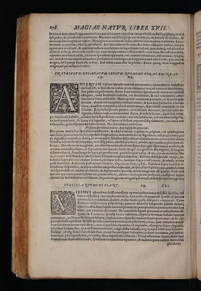 Diximus nos etiam fi opponantur loco per coitioaem oppo(itz tam perfe&amp;? cryfta!line fphere,vt etiá fpherales , &amp; cylindroides portiones . Neceaim adcó longé ignem iaculátur, vt dificilé fit credere , &amp; maiusquàm imaginatio capiat . Ecce ignem accendendi alium valentiorem modum trademus, Emit- tit etiam in equales, vftosq; parallelos i [ncidat fcétio vniformis; &amp; referet obliquos radios ; videbis igaem pet occultum , &amp; apertum radium incidentem in fuperficiem re&amp;am, peruenietd; validé voifot miterin eoloco, vbi maxima radiorum vnio inopportuno inflammabili: nam fi res illa inflammabilis oppofita non fuerit arida , oil iuuat fpeculum opponere, vel conuexo cylindrico velconcauo fpheria co, immó res inuenieturad modum perforata ex validoigne,&amp; fi oppofita veré non fuerit; peruret,vel rnagna , vel fi parua fuerit illa cadem . Sed refert cuius vere fitporto. Eftcit quoq; idem fi oppofita magna,vel parua fuerit (i refert, IN $SPECFLVM EXCAV.ATPM IDOLPM QV0MODO FORAAS-EMINEAAT. | | Cap. Xxx. bib lt api BEN Lg, CPI Apr Spaeqres i S Sg NTEQVAM éplanofpeculo manumamoucamus, recentiorum induftria i! na&amp;um eft, vt fpeculo in codem plura cernantur ora,vel vniusrei fimulachra, SY fine primi impedimento , Retro enim excauant fpeculum,&amp; concauum parui 'A| cfhingunt, vnde bracteola inducta, vti docebimus , &amp; rité concianata jaltes .riusvicem foras exhibebit. Hincoptimé inuentum prouenit, vt fpeculo quis l|! intuens, alteriüstei imaginem ere&amp;am cernat, &amp; non finc fpectantis admira- 8l tione, manibus concipiens nil nifi aerem tangat , fzpevidiffe memini; &amp; res fic fehabet. E cry(tallo fpeculo parato, retroidolum excauaat, qua potuerit di- ligentia , folium inde accommodant fupra , &amp;in fedelocant , quantüm enim Tabellas omnes fimul compone; ut folide partes unà fimul coeant, modo, quo exactam planitiem cf- ficiant. Deindetuam imaginem , autalterius rei fimulachrum fupra depingas : boc tamen artificio, &amp; maxima animaduerítonc , ut fi propinquius fpeculo fuerit imago, longiufcula depingatur, fi longiüs diftare volaerit froenslonga fitfupra proportionem, paulolongiornaíus , &amp; os, equale mentum. Mo dum exa&amp;é deícribendi in tabellis hanc formam id opticis diximus. 'V bi iam defcripta erit imago ,ta- bellulas fupra planam tabulam firmato; vt caput infra , mentum fupra conftituatur , &amp;tabella prima poft fecundam , &amp; fecunda poft tertiam locctar, víq; omnes firmate fint. Tabulam fupra hominisal- titudinem fufpendito, ne fupra tabellarum gradus infpiciant ; &amp; fpeculum füptalocato ,àtabula bipe dali fpatio diftans; tandiu attollendo; &amp; deprimendo; quouíq; veram imaginem affequaris. V ndequi fpeculo appropinquauerit,fuam imaginem vifurus , alterius reiimaginem perfpiciet, nufquam appa- rentem. [In latitadinibustabellarum aliquam imaginem efingere poteris,ne doli fufpicionemingerat e $PECILL.4 QVOMODO FI.ANT. Cap. XXI IDIMVS admodum fuiffe neceffaria operationibusiam predi&amp;is fpecilla , vel , lentescryftallinz : nec (inehis mirabilia fieri poffe, reliquum eft fpecilla &amp; (pecula quomodo fieri debeant, docere , vt fuo marte quiíq; fibi poit comparari. Cone» ficiunturin Germania pile vitrez, quarum diametri longitudo pedalis maior; | minorüc.Pila fmirilapidecircumfignando in quamplurimos paruoscirculos fcin ditur , qui Venetijsafferuntur . Hic manubrioligneo glutinantur colophonia eli- concauum ,qui fit portio magne (phzra ,vt plus, minus pecilla conuexa facere queruntur , &amp; it. cly- peus perfe&amp;té expolitus. Si veró fpecilla concaua querimus:fitpila ferrea, vtea; qua maiorumizaeós rum uitormentorum exploditur, cuius fuperficies bipedalis,vel tripedalis , afpergitur fupra clypeum; vcl pilam harena alba , quz ex Vincentia fertur, vulgo dicta Saldame, atq; exaqua valdé manibus con- fricatut ,id vfq; donecfuperficies illius circuli forma clypei fufceperit , fcilicet conuexam , vel conca uam fupra pilz fuperficiem , vt vndiq; illius fuperficiei adhzrcat. V bíidaffecutum fuerit; lento igui manubrium illud calefaciendo , fpecillum ex manubrio feparatur , &amp; exaltera parte codem: manubrio glutinatur provin