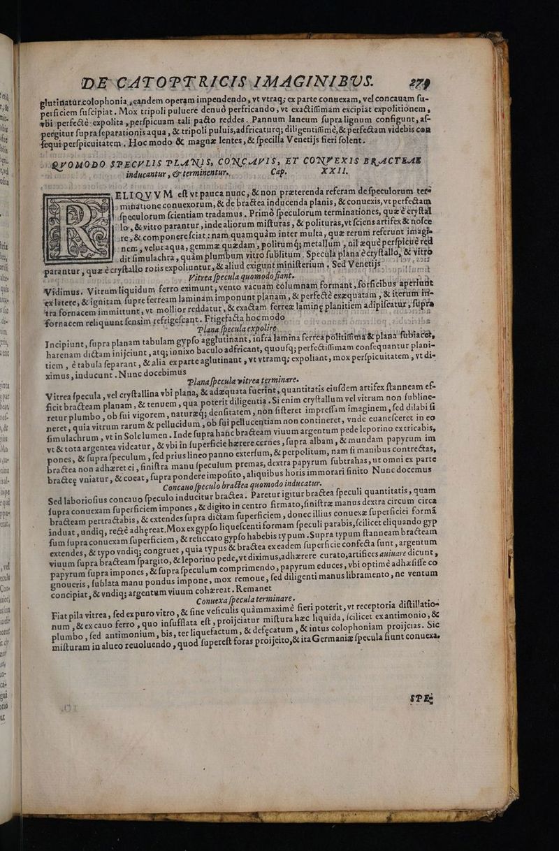 vin glutitiatürcolophonia candem operam impendendo, vt vtraq; ex parte conuexam, vel concauam fi : eificiem fufcipiat. Mox tripoli puluere denuó perfricando; vt eka&amp;tifinidm exci em ex olitión i pergitur fuprafeparationisaqua &amp; tripoli puluisadfricaturq; diligentitimé,&amp; Safe vicidbie 5 * fequi perfpicuitatem.. Hoc modo &amp; magnz lentes , &amp; fpecilla V enetijs eri folent. d -09/ 0MODO $PECFLIS PLATNJS, CONC.AV1$, ET CONFEXIS BRACTEAR ái inducantur , &amp; terminentur., — Cap. XXII. ! 2] ELIQVVM eft vt pauca nunc, &amp; non praterenda referam defpeculorum tete | | mibatione conuexorum, &amp; de bra&amp;ea inducenda planis, &amp; conuexis,vt perfectam | fpeculorum fcientiam tradamus , Primó fpeculorum terminationes, qua é cry tal lo, &amp; vitro parantur ,indealiorum mifturas , &amp; polituras,vt ciens artifex &amp; nofce te; &amp; componerefciat : nam quamquàm inter multa, quz rerum referunt imagta ncm, vclutaqua, gemmz quzdam , politum; metallum , nil eque perfpicue red | ditfimulachra , quàm plumbum vitro fublitum. Specula plána ecryftallo, &amp; vitro parantur , quz écryftallo rotis expoliuntur; &amp; aliud exigunt minifterium , Sed Venetijs. ' [ov 2512 | If,031 Vitrea fpecula quomodo fiant. | 5631s gpriu ami Vidimus. Vittumliquidum ferro eximunt, vento vacuam columnam formant, forficibus aperiunt ex látete, &amp; ignitam fupre ferream laminam imponunt planam , &amp; perfecte exequatam , &amp; iterum iri 4ta fornacem immittunt, vt mollior reddatur , &amp; exactam ferreae lamine planitiem adipifcatur füpra fornacem reliquunz fensim cefrigefcant. Frigefacta hoe modo | Tlana (pecula expolire..... (82r: Incipiunt, fupra planam tabulam gypfo agglutinant, infrá lamina ferrea polititti c4 &amp; plana fübiacet, harenam dictam inijciunt , atq; ;nnixo baculo adfricant, quoufq; perfectiffimam confequantur plapi- tiem , é tabula feparant , € alia exparteaglutinant , vt vtramq; expoliant, mox perfpicuitatem , vt di- ximus ,inducunt . Nunc docebimus cesar 1 AXE 4. 2$ Tlana fpecula witrea terminare. V itrea fpecula , vel cryftallina vbi plana, &amp; adzquata füerint , quantitatis eiufdem artifex ftanneam ef- ficit bracteam planam , &amp; tenuem , qua poterit diligentia Si enim cryftallum vel vitrum non fubline- retur plumbo , ob fui vigorem, naturzq; denfitatem , non fifteret impreffam imaginem, fed dilabi f1 neret, quia vitrum rarum &amp; pellucidum , ob fui pellucentiam non contineret, vnde euancícerct in eo fimulachrum , vtin Solelumen. Inde fuprahahc bracteam viuum argentum pede leporino ex tricabis, vt &amp; tota argentea videatur , &amp; vbi in fuperficie harere cernes , fupra albam , &amp; mundam papyrum im pones, &amp; fuprafpeculum, fed priuslineo panno exteríum, &amp; perpolitum, nam fi manibus contre&amp;as, bra&amp;ea non adhzretei , finiltra manu fpeculum premas, dextra papyrum fubtrahas, ut omni ex parte bra&amp;eg vniatur , &amp; coeat, fupra pondeteimpofito, aliquibus horis immorari finito Nuncdocemus Concauo fpeculo brattea quomodo inducatur. Sed laboriofius concauo fpeculo inducitur bra&amp;ea. Pareturigitur bra&amp;ea fpeculi quantitatis, quam fupra conucxam fuperficiem impones , € digito in centro fimato,finiftrz manus dexira circum circa bracteam pertractabis, &amp; cxtendes fupra dictam fuperficiem, donec illius conuexz fuperficiei formá&amp; induat , undiq, re&amp;e adhereat,Mox ex gypío liquefcenti formam fpeculi parabis,(cilicet cliquando gyp fum fupraconucxam fuperficiem , &amp; reliccato gypfo habebis ty pum Supra typum (tanneam bracteam extendes, &amp; typo vndiq; congruet , quia typus &amp; bractea ex eadem fupcrficie confe&amp;ta funt , argentum viuum fupra bra&amp;eam fpargito, &amp; leporino pede,vt diximus,adhzrete curato;artifices euinare dicunt, papyrum fupra impones , &amp; fuprafpeculum comprimendo, papyrum educes, vbi optime adhafifle co gnoueris , füblata manu pondus impone, mox remoue, fed diligenti manus libramento,ne ventum concipiat , &amp; vndiq; argentum viuum cohzreat. Remanet Conuexa fpecula terminare. Fiat pila vitrea , fed ex puro vitro , &amp; fine veficulis quàmmaximé fieri poterit, vt receptoria diftillatio- num ,&amp; excauo ferro , quo infufflata eft , proijciatur miftura hzc liquida, fcilicet ex antimonio; &amp; plumbo, (ed antimonium, bis, ter liquefactum , &amp; defecatum , &amp; intus colophoniam proijcias. Sic miíturam in aluco reuoluendo , quod (upeteft foras proijcito,&amp; itaGermania fpecula fiunt conucxae TPE