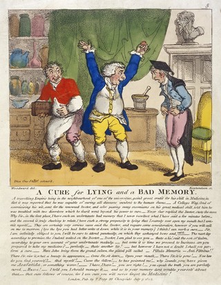 An itinerant doctor, by a subterfuge, cures an undergraduate hoaxer of his supposed maladies of lying and bad memory. Coloured etching by T. Rowlandson, 1807, after G.M. Woodward.