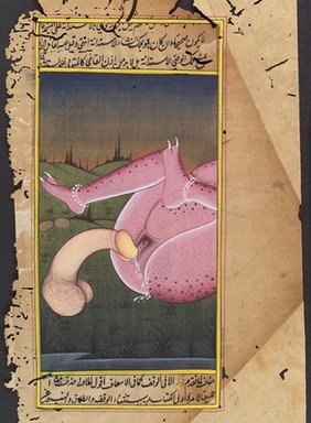 A giant penis copulating with a female devil. Gouache painting.