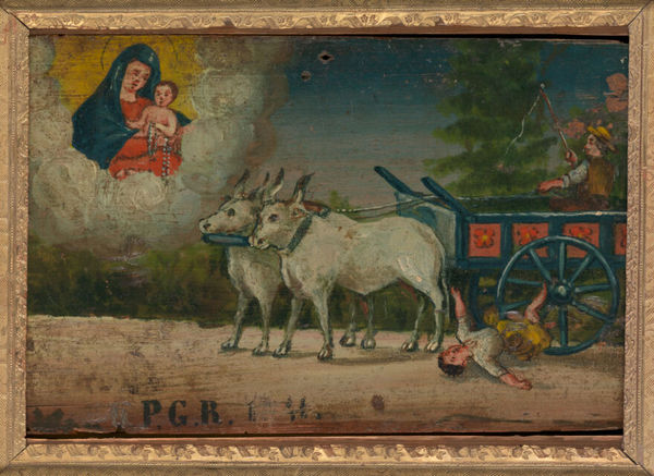 Votive picture: a boy falling under the wheel of an ox cart. Oil painting.