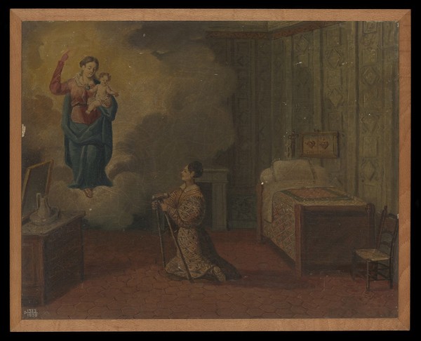 Votive picture: a woman kneeling with crutches, praying to the Virgin and Child. Oil painting.