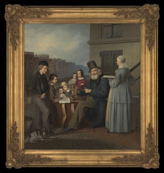 A travelling showman in the Netherlands showing animalcules to children. Oil painting by a Dutch painter, ca. 1840.