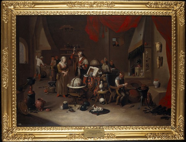 Interior with a physician examining a urine flask. Oil painting attributed to Gerard Thomas or Balthasar van den Bossche.