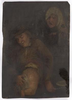 A man wiping a baby's bottom; representing the sense of smell (?). Oil painting after Adriaen Brouwer.