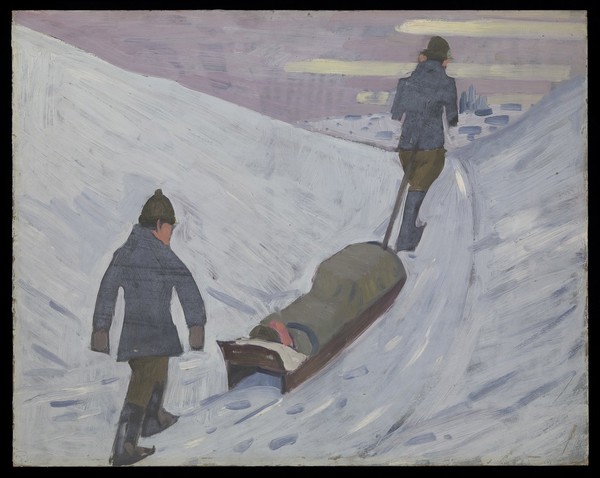 World War I: transport of the wounded by sledge in Russia, 1918. Oil painting by Godfrey Jervis Gordon ("Jan Gordon").