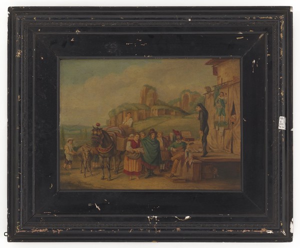An itinerant medicine vendor in Rome. Oil painting after Karel Dujardin (?).