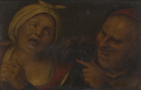 A man pointing to a woman with her hands clasped. Oil painting after Pieter Huys (?).