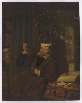 A physician examining urine. Oil painting after Adriaen van Ostade.
