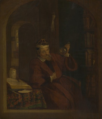 A physician examining urine. Oil painting after Adriaen van Ostade.