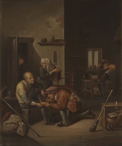 A surgeon treating a patient's foot and a barber shaving a man. Oil painting after Adriaen Brouwer.