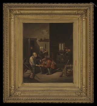 A surgeon treating a patient's foot and a barber shaving a man. Oil painting after Adriaen Brouwer.