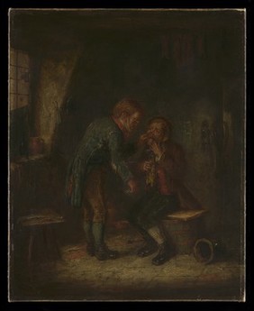 In a room in a cottage, a surgeon about to extract a man's tooth. Oil painting.