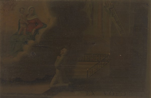 Votive picture: a man praying to the Virgin and Child in a church in which either he or another man stands on a ladder which is falling away from the wall. Oil painting.