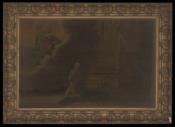 Votive picture: a man praying to the Virgin and Child in a church in which either he or another man stands on a ladder which is falling away from the wall. Oil painting.