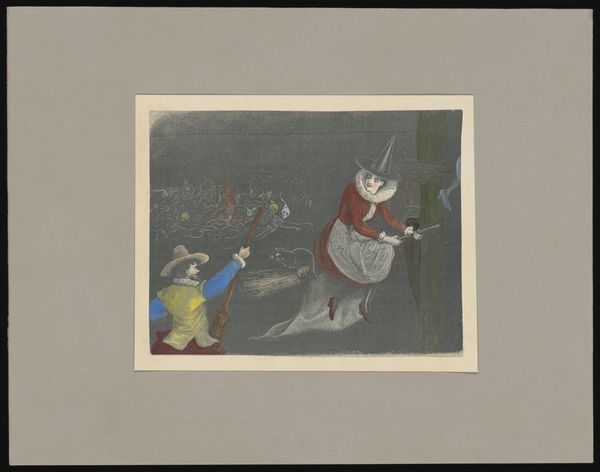 A witch riding on her broomstick, with cat. Coloured process print.