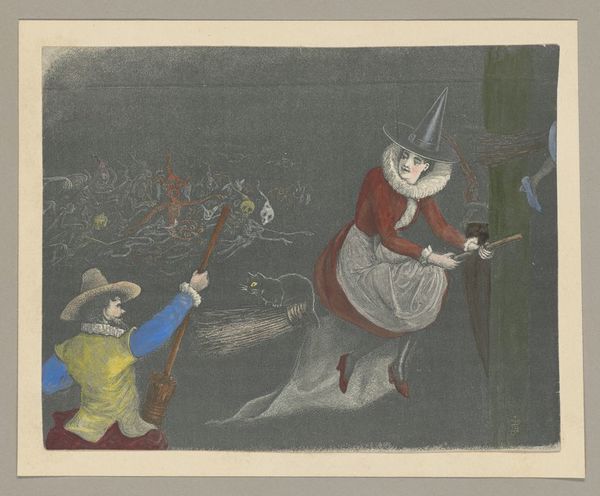 A witch riding on her broomstick, with cat. Coloured process print.