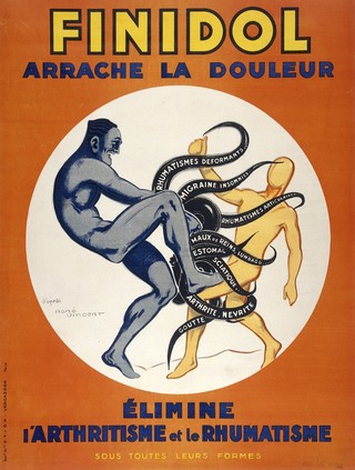 A man representing the remedy Finidol rescues another man from the clutches of an octopus whose tentacles represent rheumatic and arthritic diseases. Colour lithograph after René Vincent.