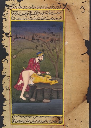 A man copulating with a goat or deer. Gouache painting by an Indian painter.