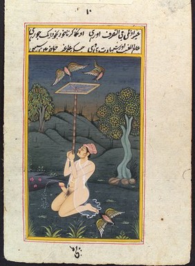 A man ejaculating, while holding a bird-trap on a bamboo pole to catch flying vaginas. Gouache painting by an Indian painter.