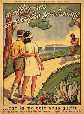 A young man and a young woman walking blindfolded along an idyllic lakeside path towards a satyr; representing ignorance leading to sexually transmitted diseases. Colour lithograph, ca. 1925.