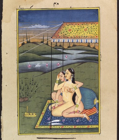 Two women embracing and using carrots as dildoes. Gouache painting by an Indian painter.