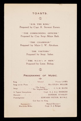 Menu : Eastern Command Motor Ambulance Convoy. No. 2 Company : Officer Commanding- Capt. R. Stewart Barnes : dinner held at Beale's Restaurant, Holloway Road, N. : Thursday, March 27th, 1919 at 7 p.m.