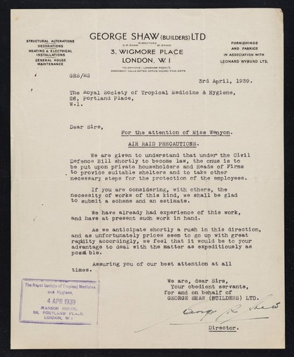 George Shaw (Builders) Ltd : directors G.R. Shaw, M. Shaw : 3, Wigmore Place, London, W.1...