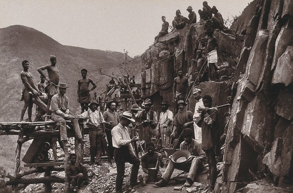 De Kaap Gold Fields, South Africa: miners of the Republic Gold Mining Company. Woodburytype, 1888, after a photograph by Robert Harris.