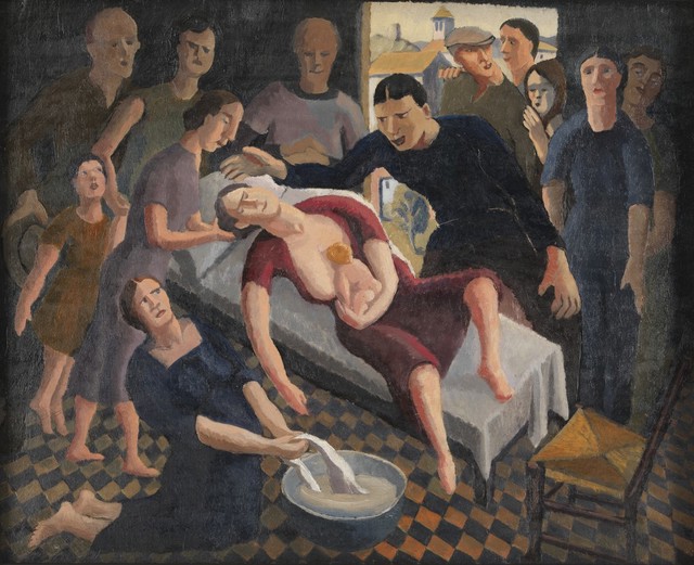 A home birth. Oil painting by Karl Hagedorn.