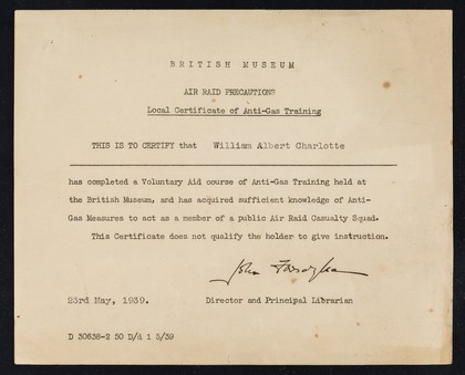 Air raid precautions : local certificate of anti-gas training / John Fosdyke, director and principal librarian.