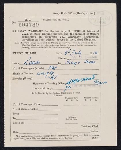 Railway warrant for the use only of officers, ladies of Q.A.I. military nursing service, and the families of officers enumerated in paragraph 339, allowance regulations, travelling on duty without troops in the United Kingdom / War Office.