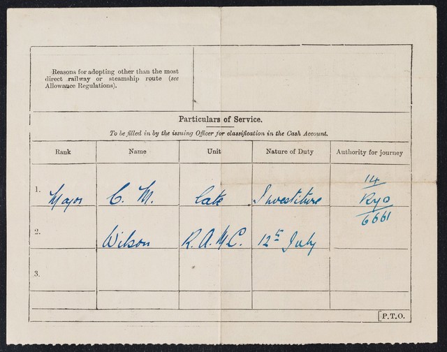 Railway warrant for the use only of officers, ladies of Q.A.I. military nursing service, and the families of officers enumerated in paragraph 339, allowance regulations, travelling on duty without troops in the United Kingdom / War Office.