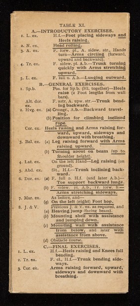 Recruits' table card : containing 1.Twelve recruits' physical training tables, 2.Brain stimulating exercises, 3.Obstacle training exercises, 4.Summary of bayonnet fencing exercises, 5.Summary of boxing lessons, 6.Summary of wrestling lessons, 7.Summary of land swimming drill, 8.Summary of athletic training for recruits under training / issued by the General Staff, February, 1922.