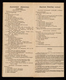 Recruits' table card : containing 1.Twelve recruits' physical training tables, 2.Brain stimulating exercises, 3.Obstacle training exercises, 4.Summary of bayonnet fencing exercises, 5.Summary of boxing lessons, 6.Summary of wrestling lessons, 7.Summary of land swimming drill, 8.Summary of athletic training for recruits under training / issued by the General Staff, February, 1922.