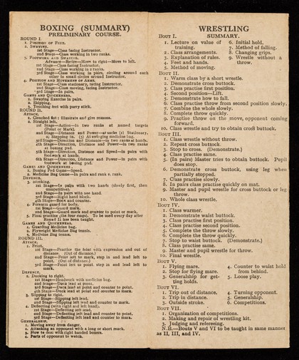 Recruits' table card : containing 1.Twelve recruits' physical training tables, 2.Brain stimulating exercises, 3.Obstacle training exercises, 4.Summary of bayonnet fencing exercises, 5.Summary of boxing lessons, 6.Summary of wrestling lessons, 7.Summary of land swimming drill, 8.Summary of athletic training for recruits under training / issued by the General Staff, February, 1922.