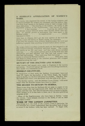 Appeal for funds : at the request of the Serbian government the London committees are providing two new field hospitals & a motor transport section to accompany the Serbian division in Russia / London Units of the Scottish Women's Hospitals for Foreign Service (National Union of Women's Suffrage Societies.)